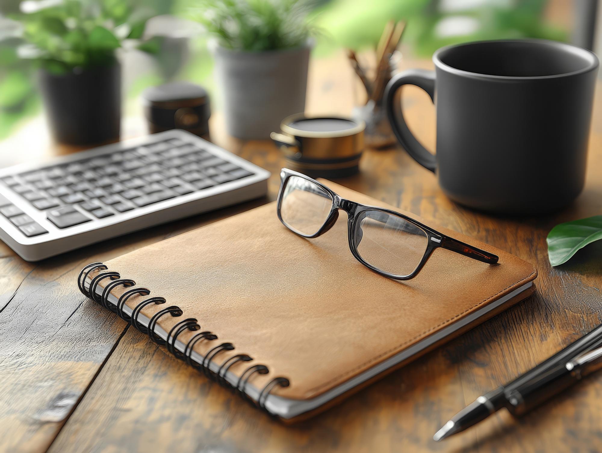ruhiges Büro mit Notizbuch und Brille